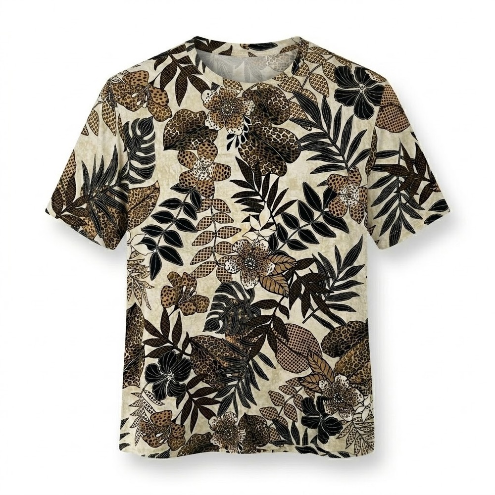 Hot Cotton Womens 2X Floral‎ Print T-Shirt Black Brown Tropical USA Top - IW